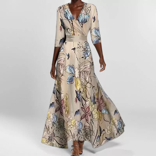 Ladies Elegant 3/4 Sleeves V-Neck Maxi Dress Party Print Swing Long Dresses UK ⭐ - Picture 9 of 25