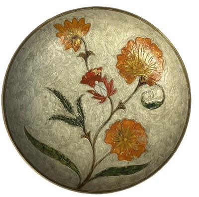 Vintage Brass Enamel Floral Bowl Orange Flowers Decorative Dish Trinket Bowl