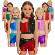 Kids Girls Gymnastics Dance Outfit Shiny Rhinestones Crop Top Shorts Performance