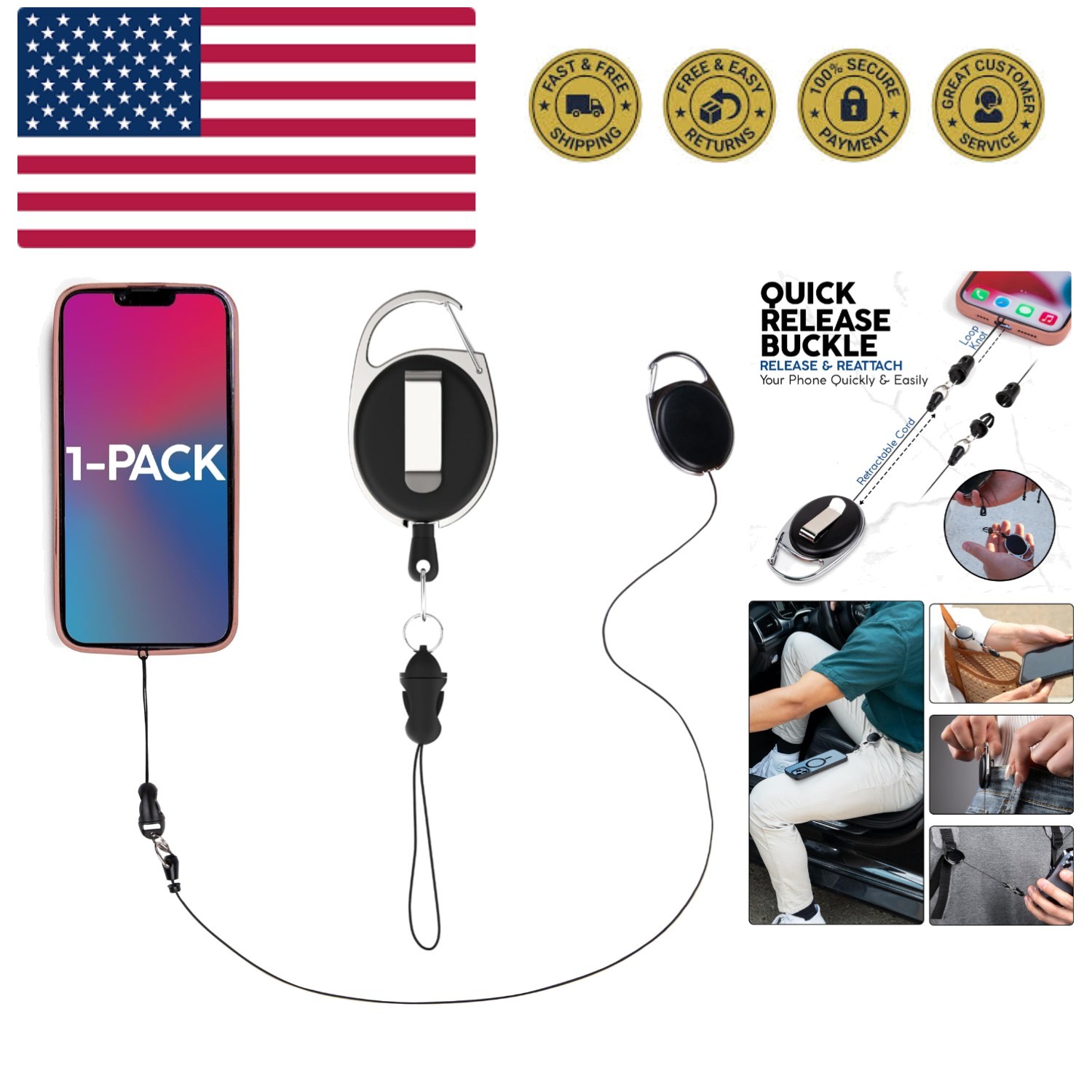 Phone Assured Retractable Phone Tether - Durable Clip-On Lea