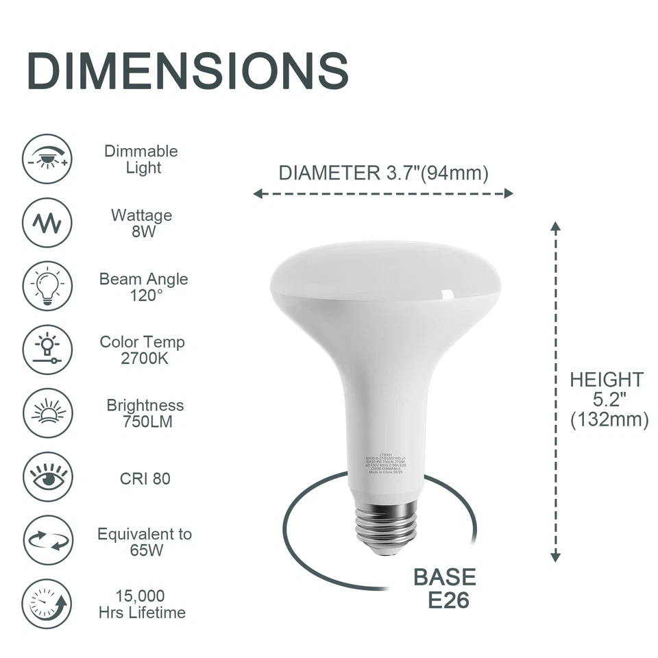 6 PACK Dimmable BR30 LED Recessed Light Bulbs 2700K Soft White 65W Equivalent - Image 2 of 4