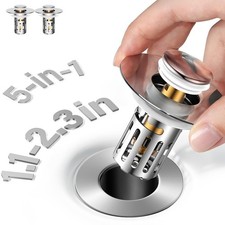 5-in-1 Bathroom Sink Stopper, 2 Pc Pop-Up Drain Stopper with Removable Chrome