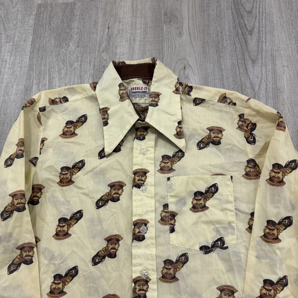 Vintage Double-It Youngbloods Shirt Mens 16.5 Beige Graphic Long Sleeve 70s USA - Image 2 of 4