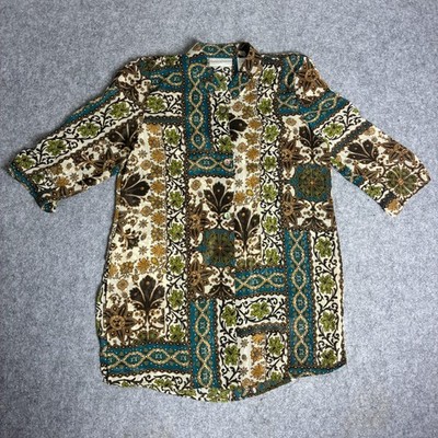 Drapers & Damons Petites Teal Brown Patchwork Floral Button Front Tunic Top PXS