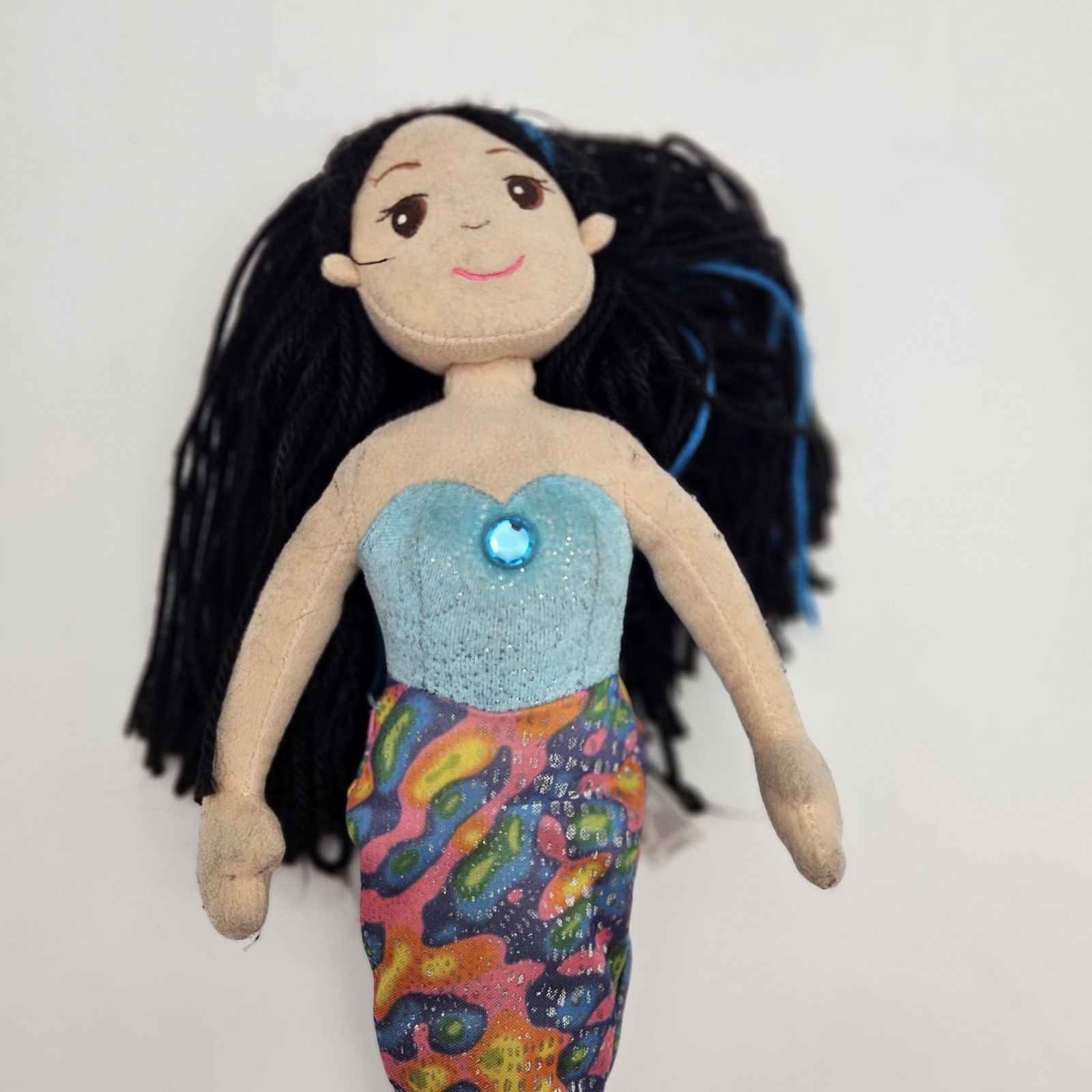 Aurora Plush Mermaid Doll 18 Inch Black Yarn Hair Blue Tail 