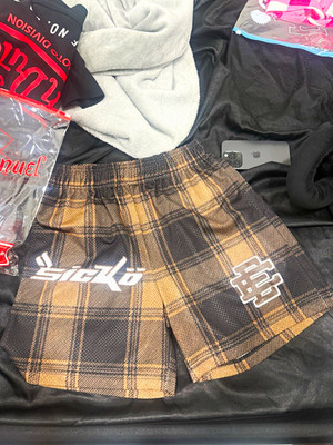 Eric Emanuel Men's Brown/Black Plaid Drawstring Shorts Elastic Waist Emb Logo M