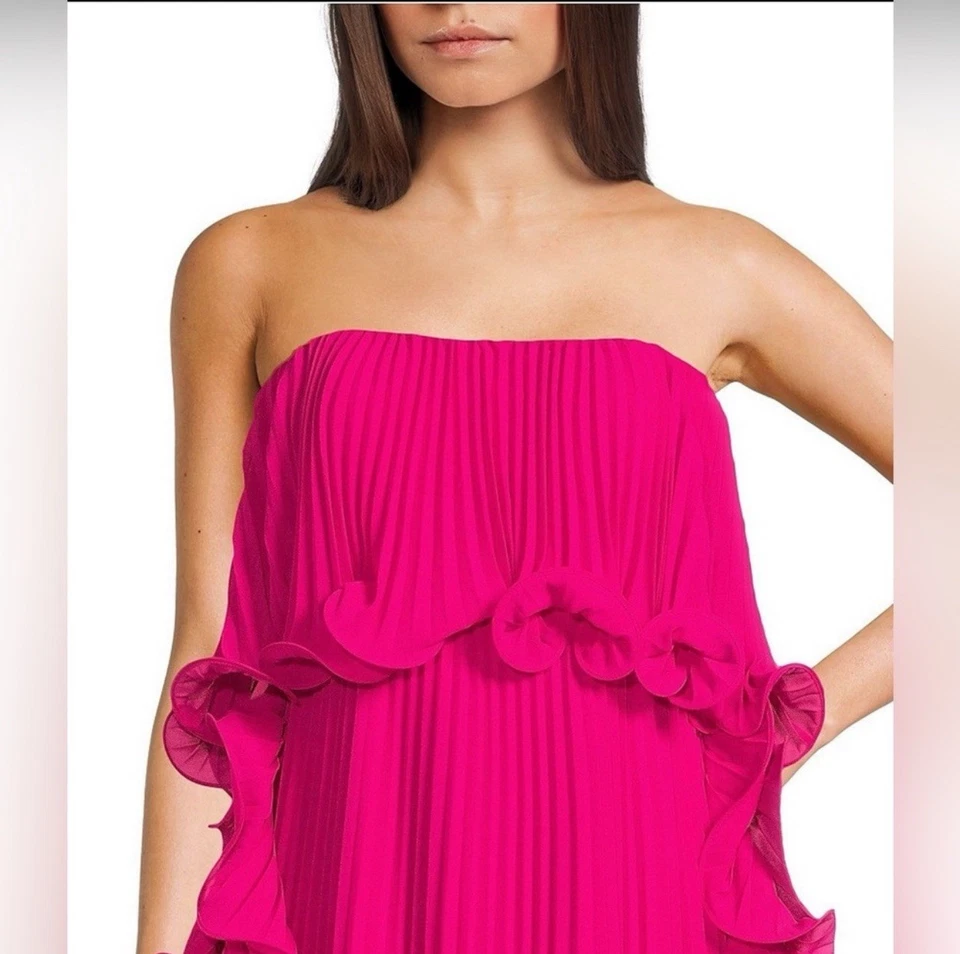 NUEVO CON ETIQUETAS 459 Badgley Mischka Lindsay Vestido recto sin tirantes plisado con volantes. Talla 10 y 12 Foto 3 de 4