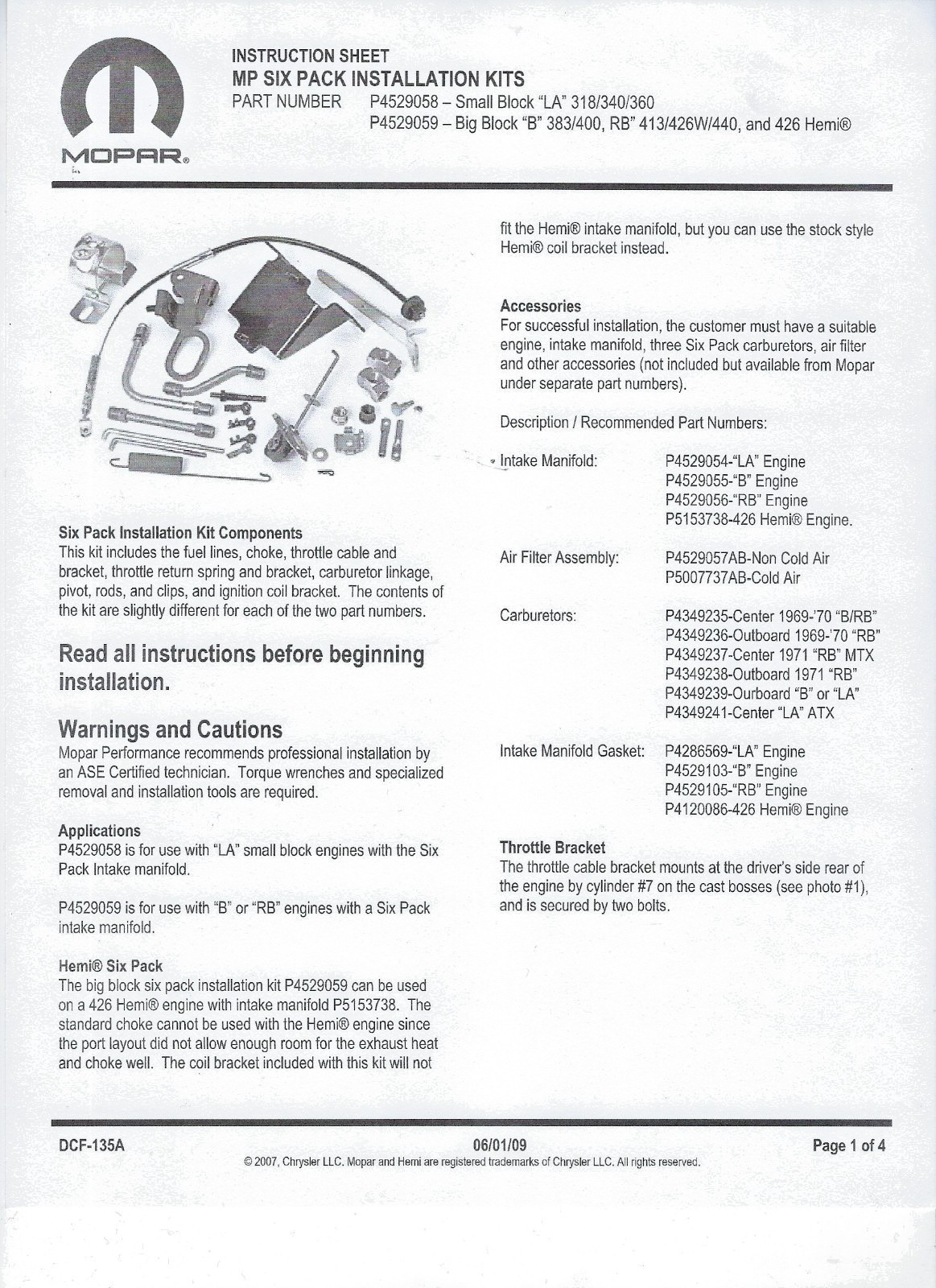 Mopar Performance six pack installation kit small block