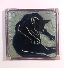 "Bath" Cat Tile 6x6 ceramic  tile, handmade, multicolor, notch to hang