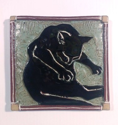 ''Bath'' Cat Tile 6x6 ceramic  tile, handmade, multicolor, notch to hang