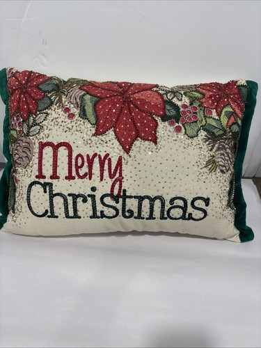 Pier 1 Merry Christmas Detailed Embroidered Red Poinsettia Flowers