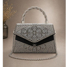 Silver Black Beaded Fabric Evening Bag with Handle, Chain Strap, Formal Handbag
