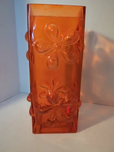 Blenko Style Glass MCM Orange Square Daisy Vase
