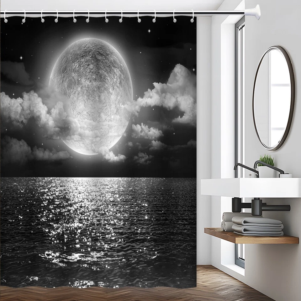 Cortina de ducha Moonlight Ocean blanco y negro cielo nocturno mar estrellado baño decoración Foto 4 de 4