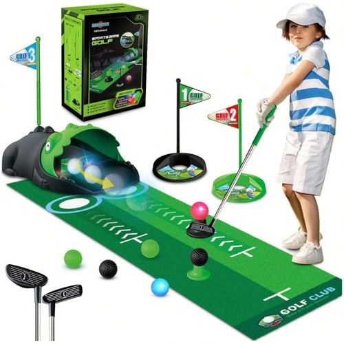 Kids Golf Set w/ Auto Ball Return, LED Balls, Mat - Indoor/Outdoor Toys