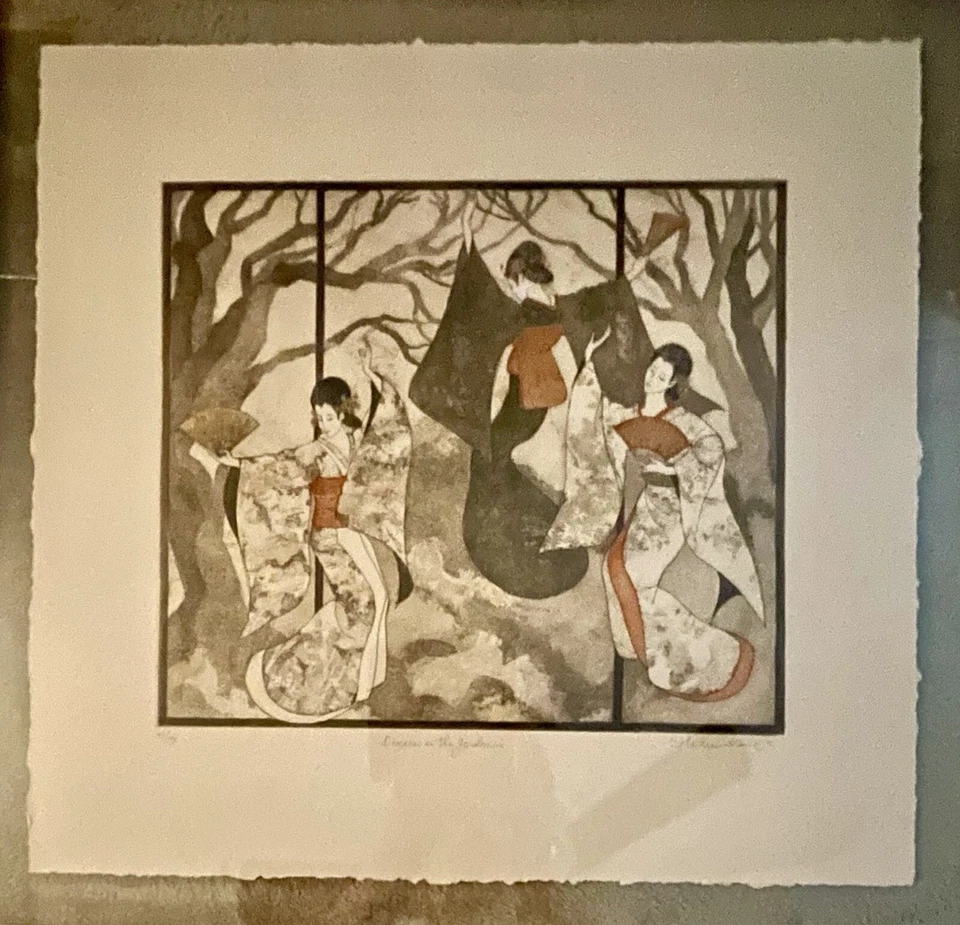 Impresionante rara litografía vintage 92/95 “Bailarines en el jardín” de Helen Kunic Foto 3 de 4