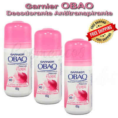 3PCS  DEODORANT OBAO GARNIER 65 GR EACH FRESCURA FLORAL 24 H PINK NEW ROLL ON