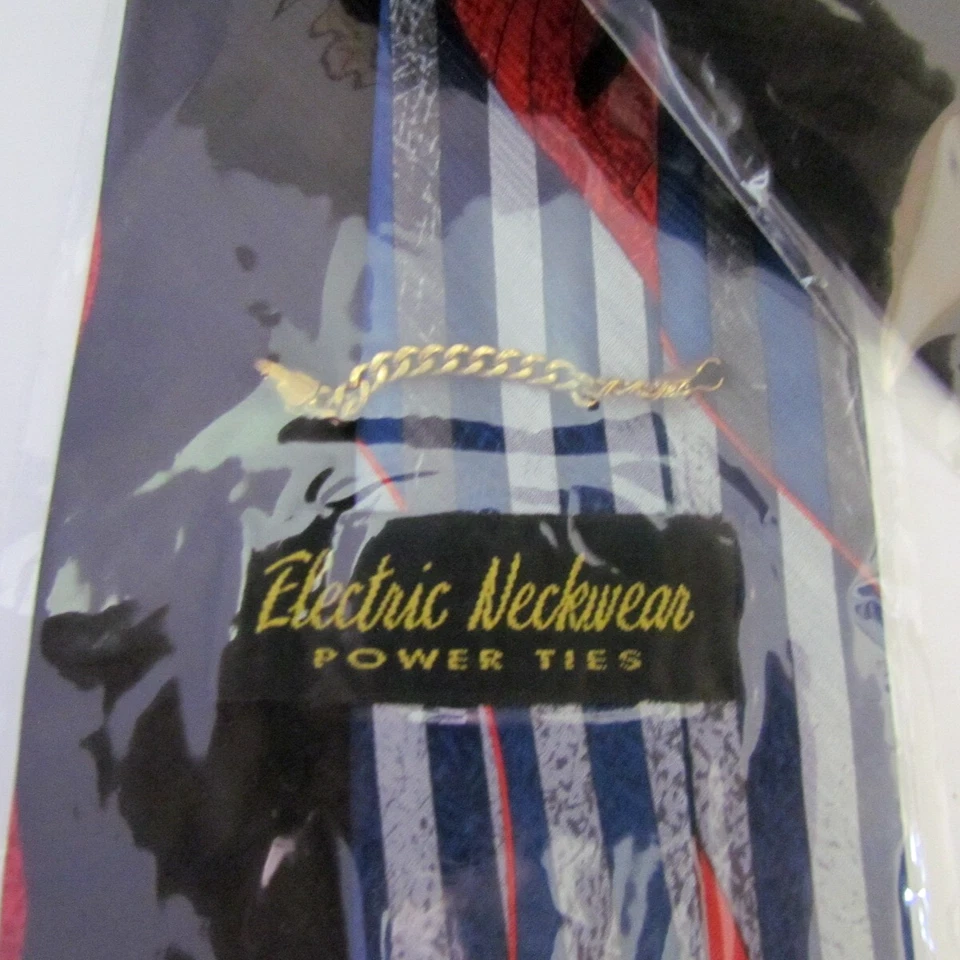 NIP ELECTRIC NECKWEAR Power Ties - Red Flames on Black, Blue Stripe-14k Chain - Image 3 of 3