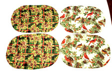 Set Of 4 Cloth Reversible Christmas Placemats Birds Pinecones Holly Never Used
