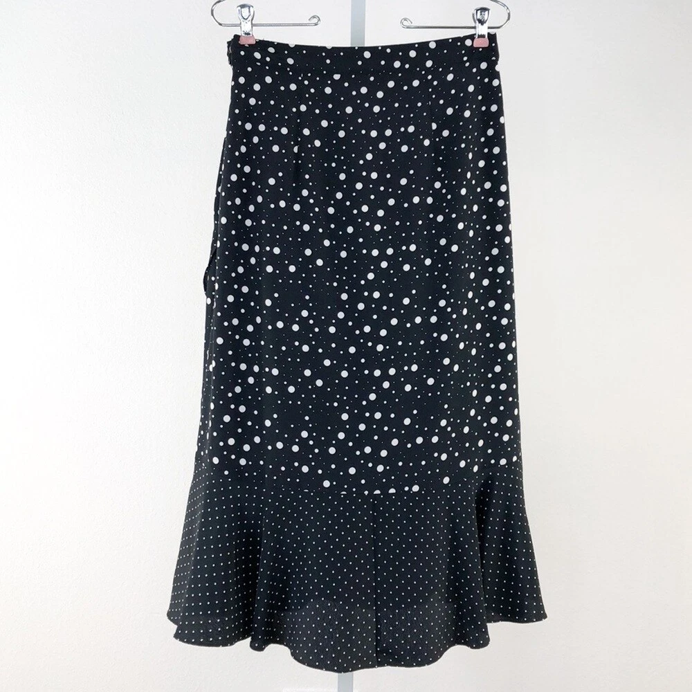 Topshop Black White Polka Dot Ruffle Midi Skirt sz 6P eBay