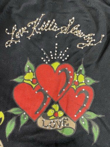 ED HARDY M Black Long Sleeve Love Kills Slowly Studded Hooded Sweater Blouse rip - Picture 20 of 23