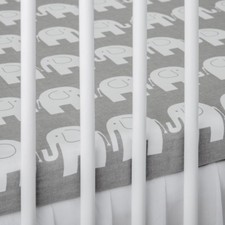 2 x COT BED FITTED SHEET grey elephants white 60x120 cm 70x140 cm PURE COTTON