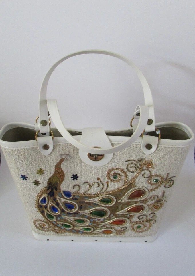 Vintage Enid Collins Style Winter White Jeweled Peacock Hand Bag - Image 4 of 4