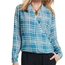 CAbi Womens Top Size S Windowpane Faux Wrap Teal #3068