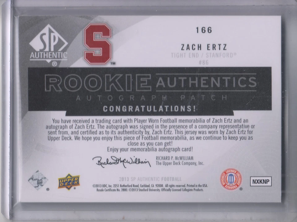 A2215- 2013 SP Authentic #166 Zach Ertz Auto Jersey /650 SAMPLE PIC - Image 2 of 2