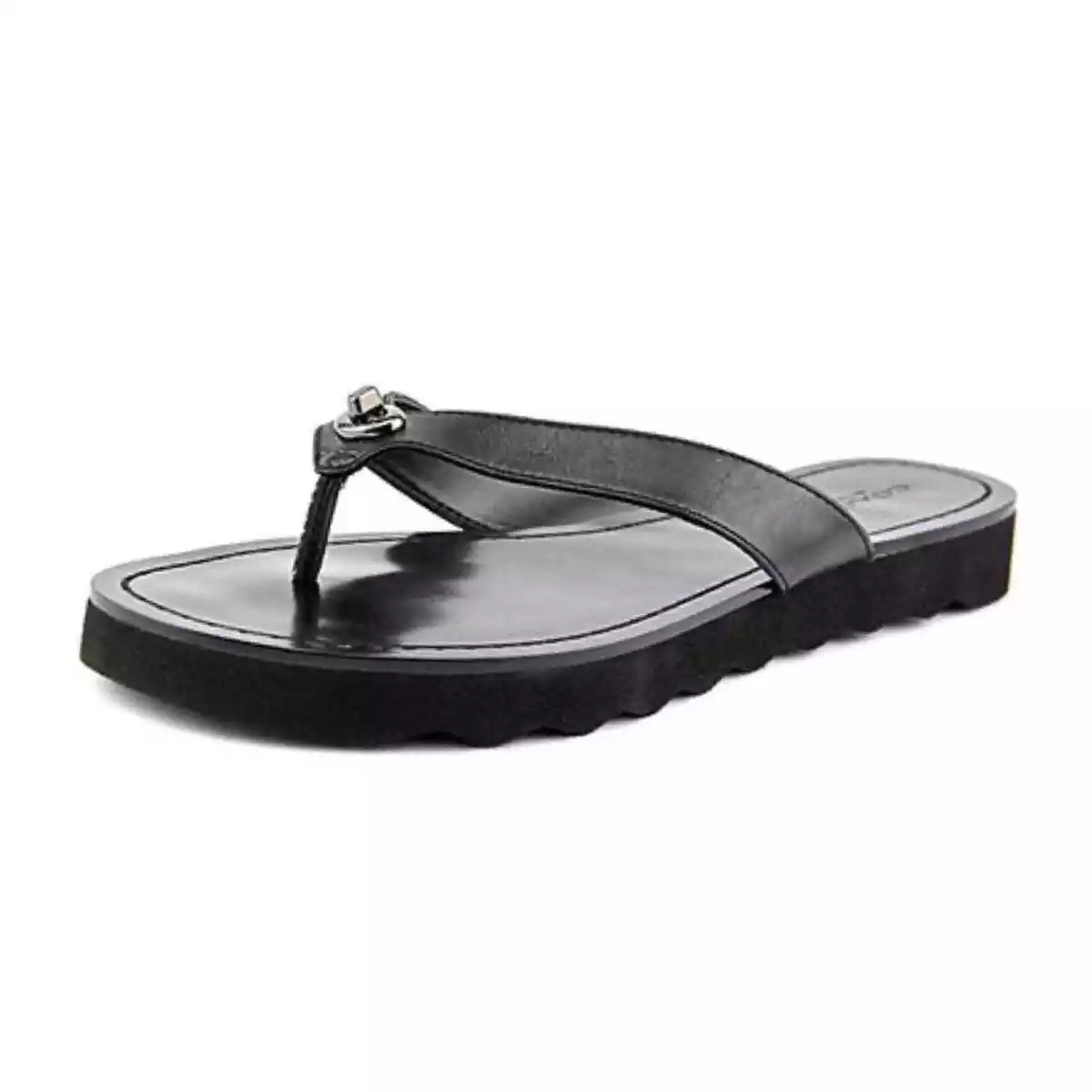 Coach Shelly flip flops black turnlock leather thong gunmetal
