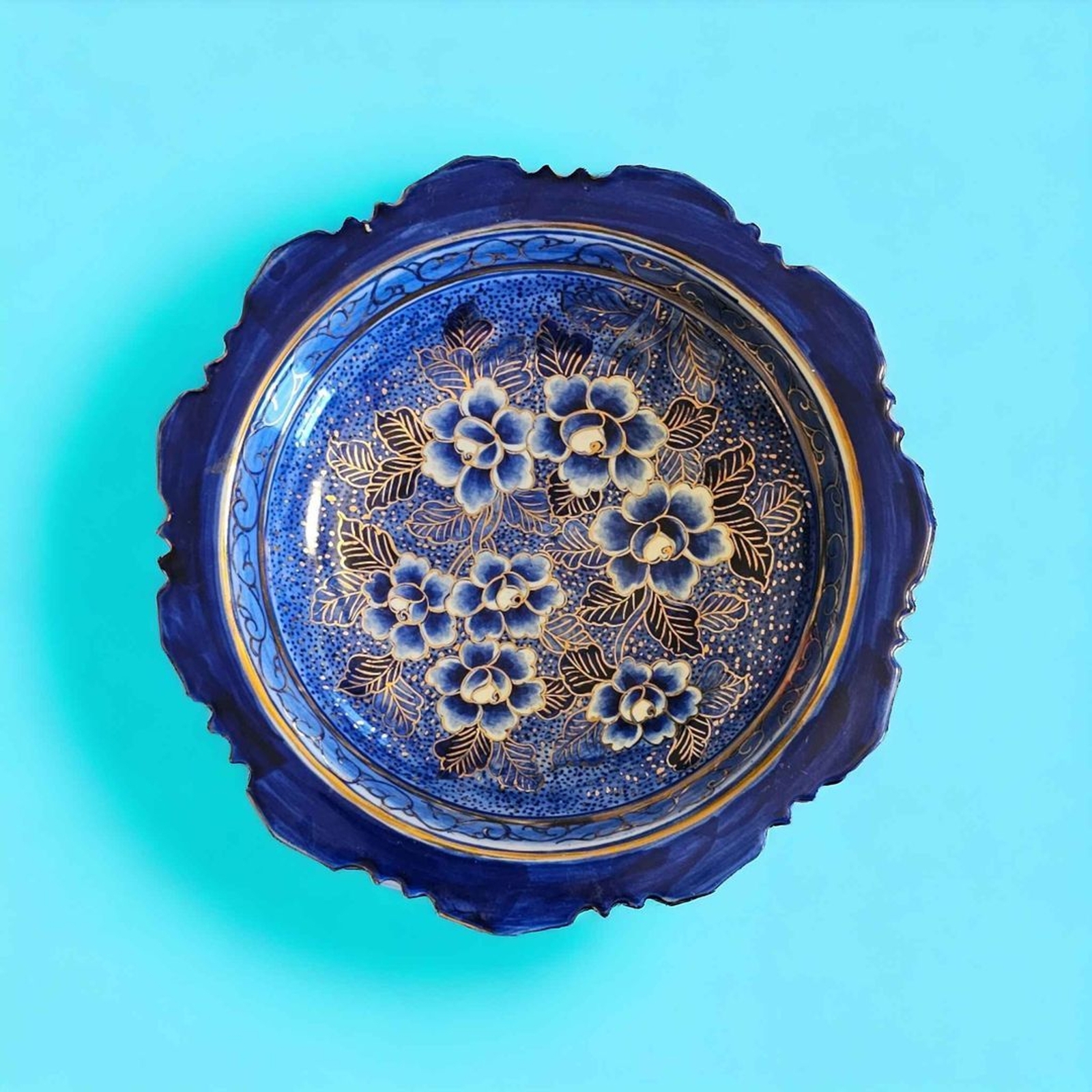 Vintage Handpainted Gilded Gold Cobalt Chinese Lotus & Peony Flower