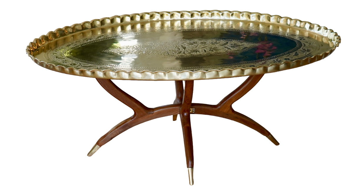 Mid Century Moroccan Engraved Brass Oval Coffee Table on Teak