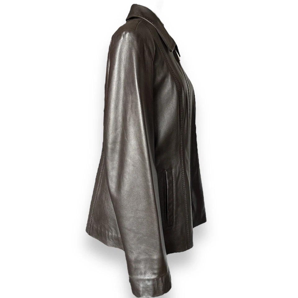 Chaqueta de cuero para mujer ALFANI talla grande marrón 100 % cuero cremallera completa  Foto 4 de 4
