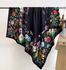 70% Cashmere 30% Silk Neckerchief Scarf 53'' Shawl Blossoms Print Bandana wrap 