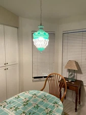 Bohemian White Enamel Glass Cut To Green Hanging Lamp Czech Pendant Chandelier