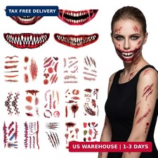 130 PCS Zombie SFX Temporary Tattoos Kit with 4 Large 3D Fake Mouth Scars - Wate