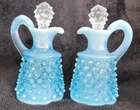 Vintage Opalescent Hobnail Mini Cruets w/ Stopper Set of 2 Blue Milk Glass  1950