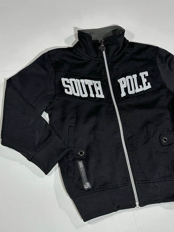 Jaqueta com capuz Southpole estilo Y2K com zíper soletrado preta meninos jovens tamanho pequeno 4 vintage - Imagem 2 de 4