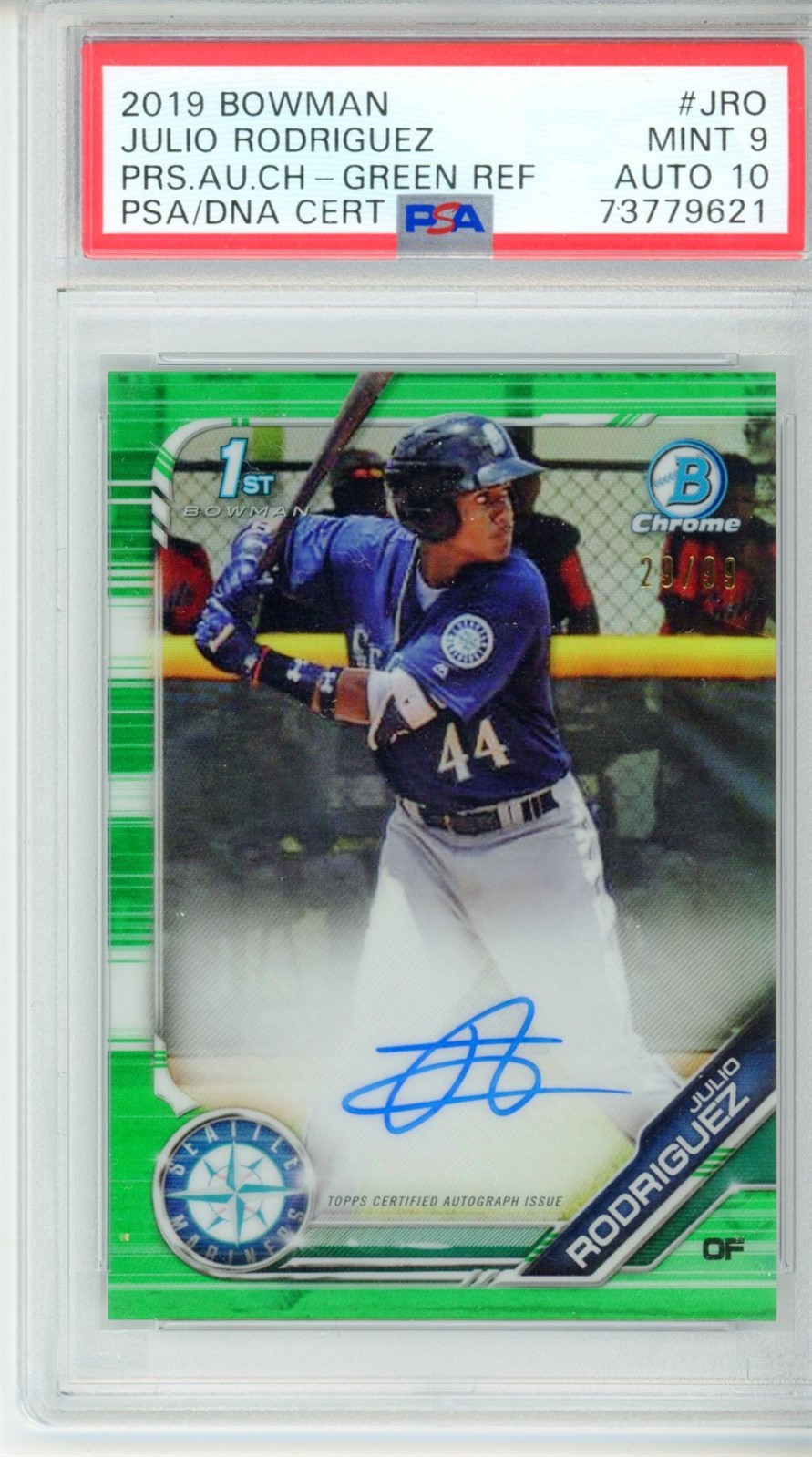 2019 1ST BOWMAN CHROME JULIO RODRIGUEZ GREEN REF. PSA 9 WITH PSA 10 AUTO 29/99