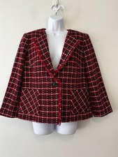 Talbots Blazer Women Size 12 Red White Black Plaid Single Button Pockets Fringe