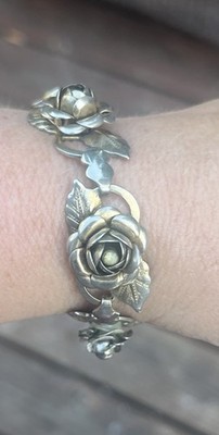 Vintage Rose Bracelet Gold Tone Floral Link Leaves 7.5  Estate See Description