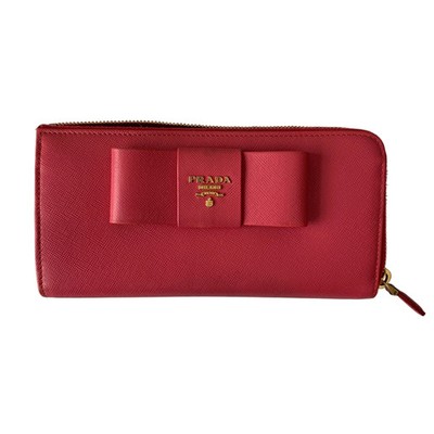 Prada fiocco bow pink saffiano leather zip around Wallet authentic with COA and