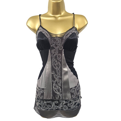 Karen Millen 10 UK Vintage schwarz Gatsby Flapper Seide Schmuck Perlen Top Bluse