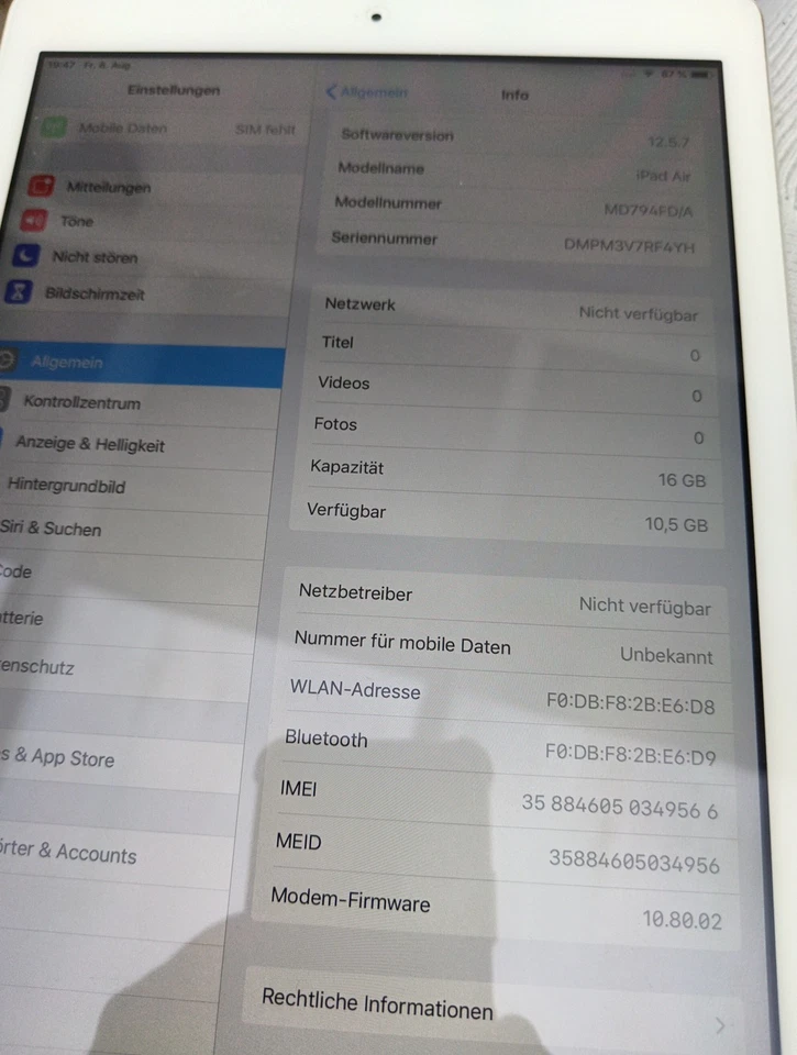 Apple iPad Air 1. Gen. 16GB, WLAN + Cellular , 24,64 cm, (9,7 Zoll) - Weiß - Bild 4 von 4