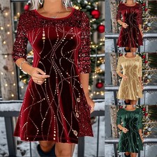 Ladies Vevet Sequins Christmas Dress Womens Long Sleeve Xmas Party Mini Dresses