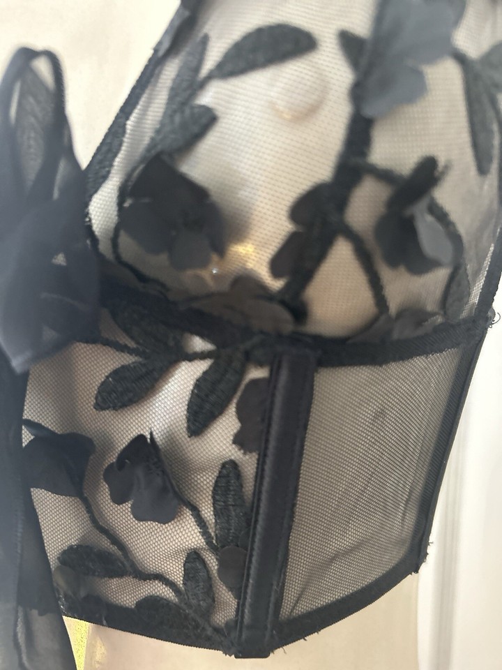 Victoria’s Secret Black Mesh Floral Appliqué Corset Bralette Bow Top