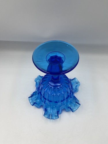 Fenton Art Glass Ruffled Thumbprint Blue Edge Compote Candy Dish Bowl 6x6” - Picture 5 of 8