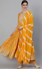 Mustard Yellow Bandhani print mirror work Anarkali Kurta with Palazzo  Dupatta