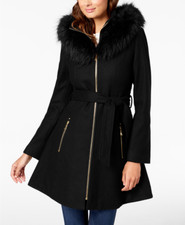 Laundry By Shelli Segal Faux Fur Hooded Belted Zip Up Wool Coat - Black Size S