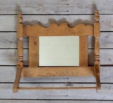 Antique Pressed Back Floral Oak Wall Shaving Mirror Towel Rack